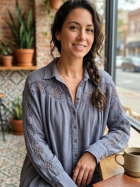 Free People Lavender Gray Embroidered Button-Down Shirt